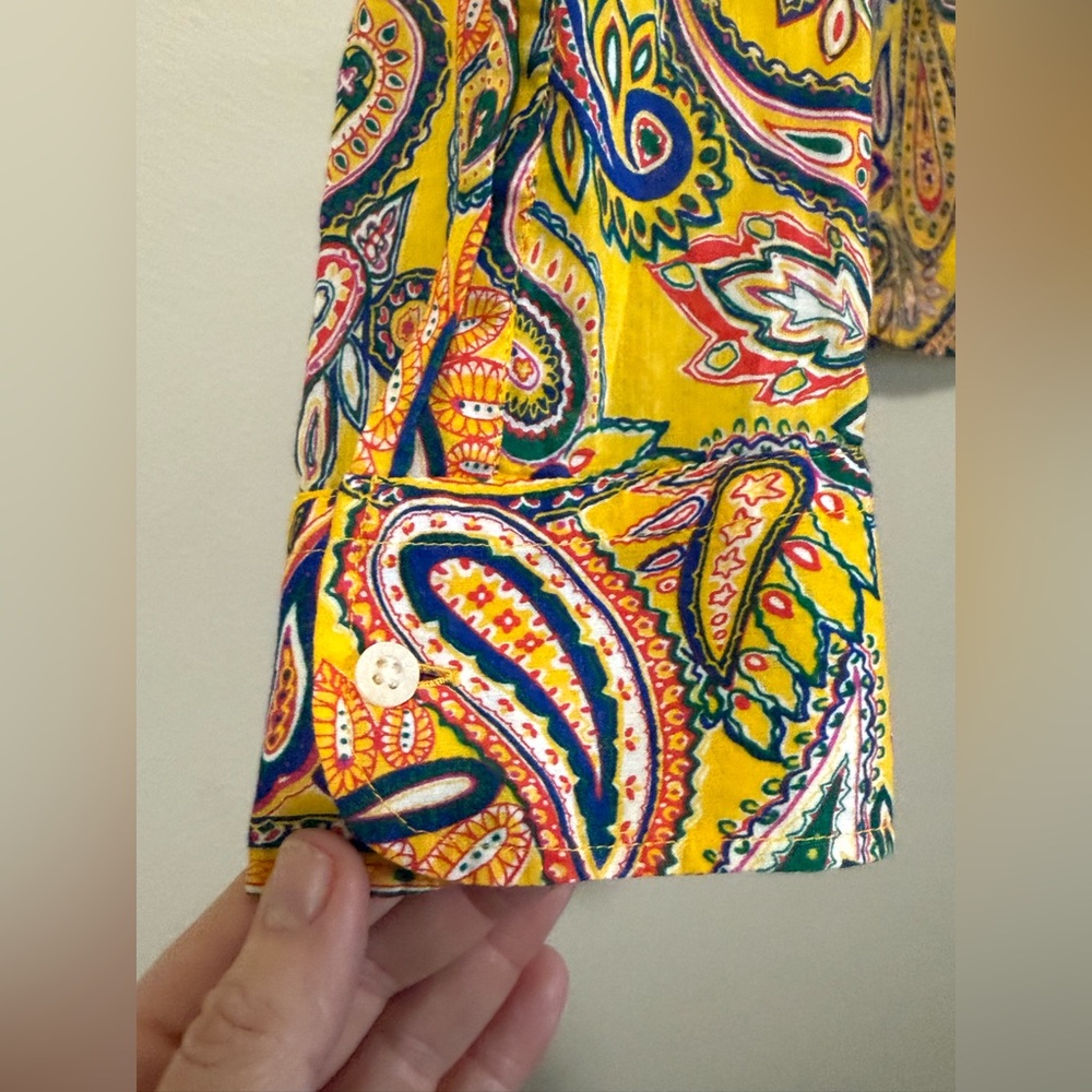 Lauren Ralph Lauren Women’s Large Yellow Paisley Shirt Roll Tab sleeve blouse - Picture 2 of 13